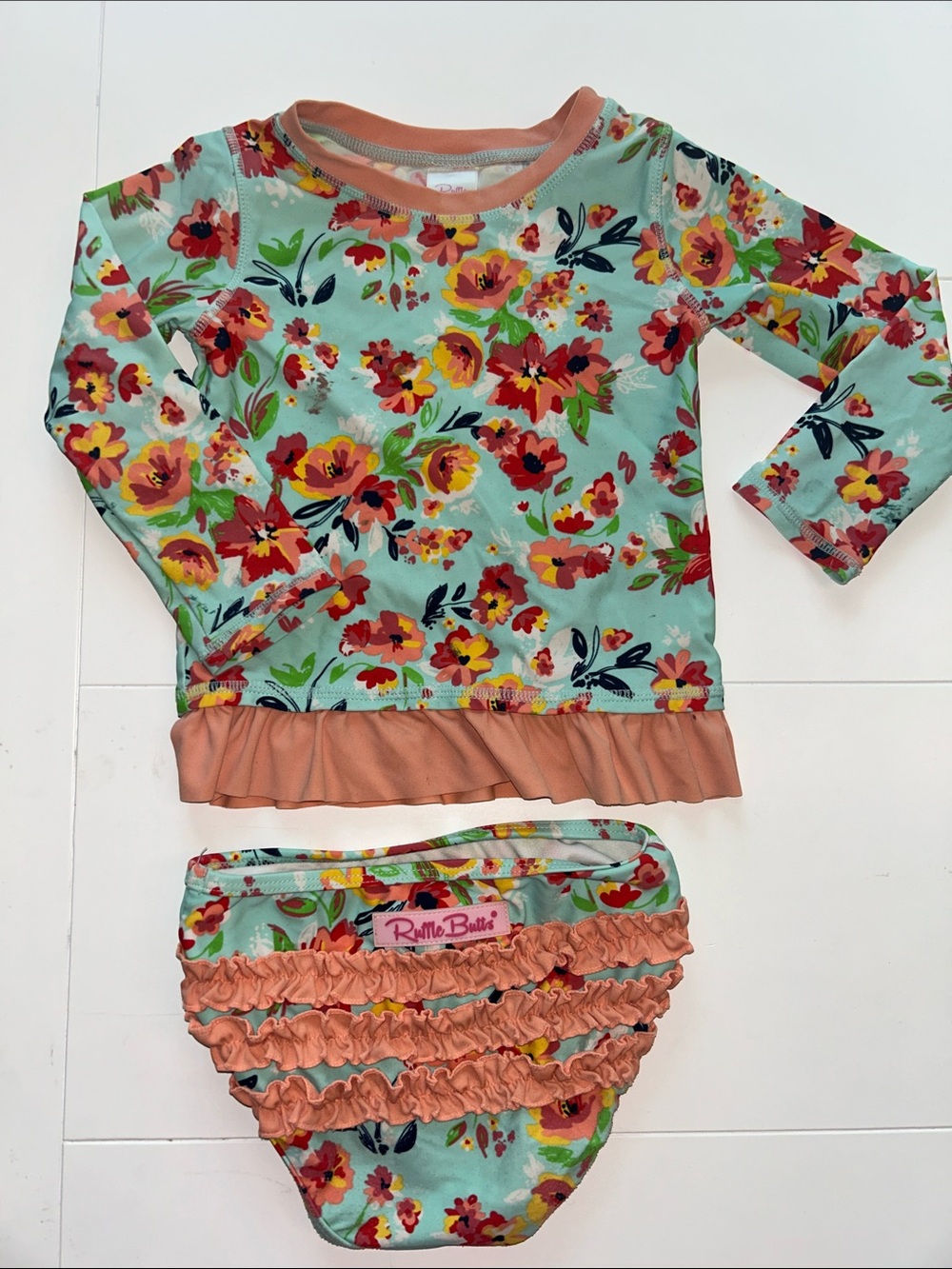 Ruffle Butts Mint Floral Swim Set with Peach Ruffle Trim